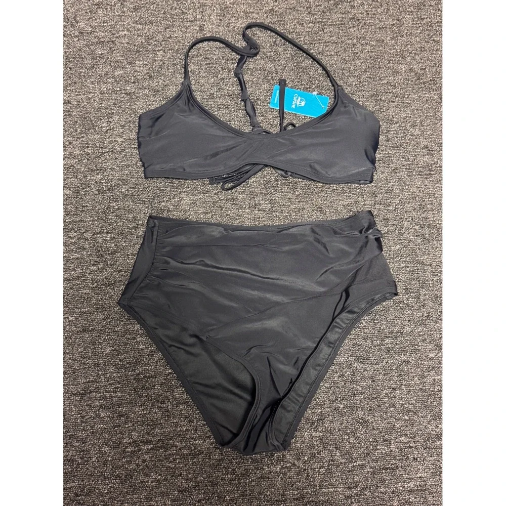 Cupshe Womens Black High Waisted Bikini Set Braided T-Back Two Piece Swimsuit M